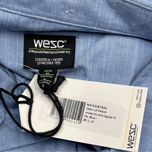 WESC Button Shirt Oden LS Oxford Unisex Long Sleeve Regular Fit Blue Cotton New - Picture 16 of 16